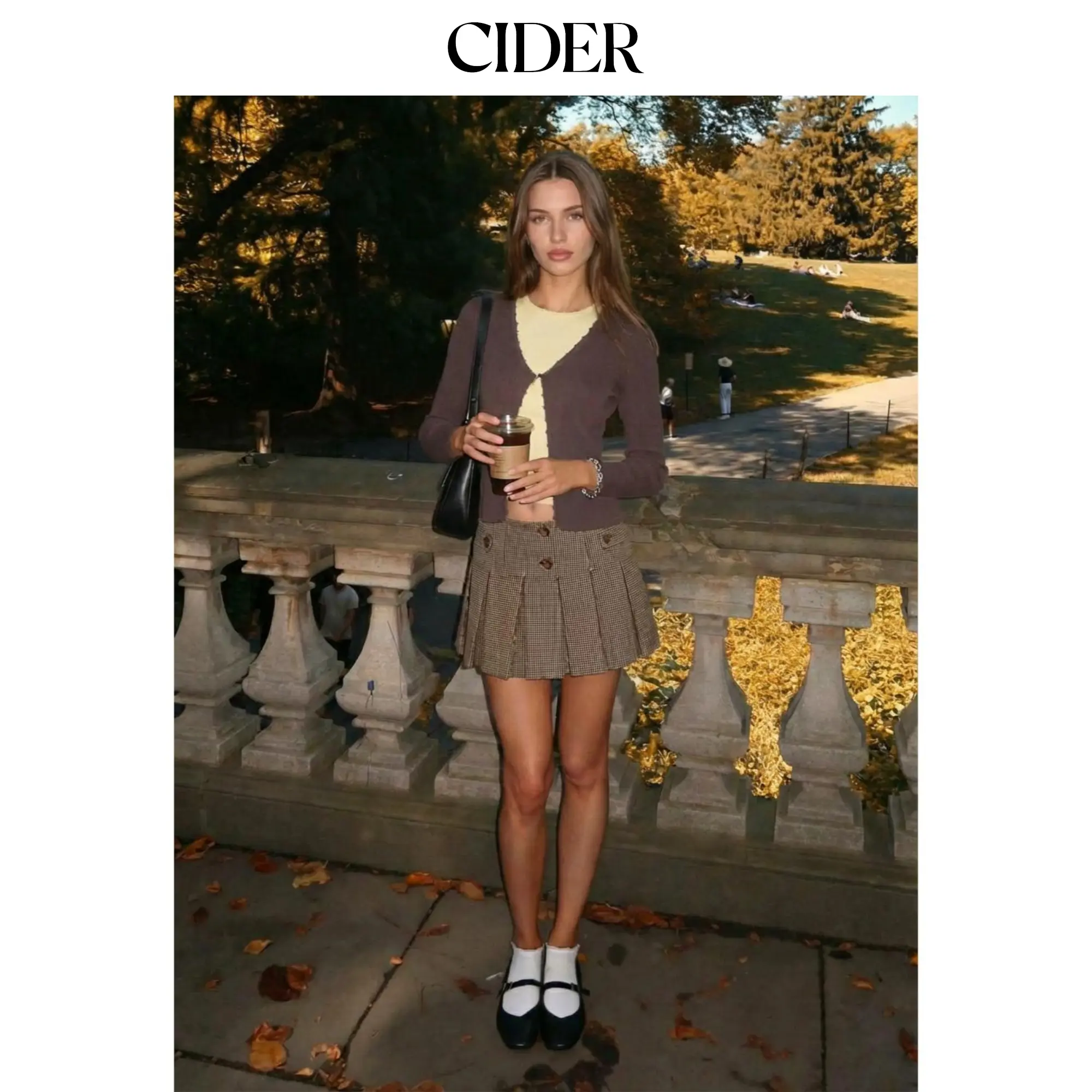 Cider Jacquard Low Rise Houndstooth Pleated Mini Skort With Button Detail