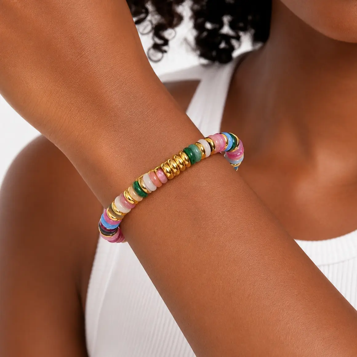 Women's 316L Stainless Steel Gold Plated Hypoallergenic Waterproof Assorted Colored Bracelets & Bangles - Natural Semi-Precious Stone Chips, Pink Quartz, Amazonite, Amethyst, Gold Spacer Beads, 16cm+5cm Extension Chain, for Casual Daily Use, Beauty