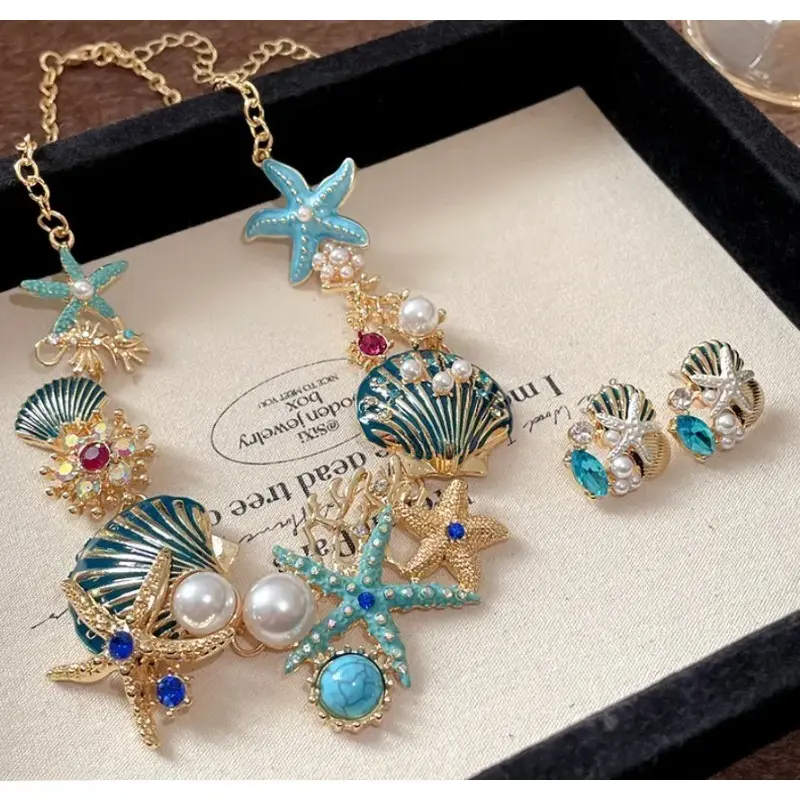 Nautical 2-Piece Jewelry Set for Women, Enamel Seashell & Starfish Choker and Stud Earrings with Pearls & Rhinestones, Colorful Vacation Accessory Necklace Gift Set