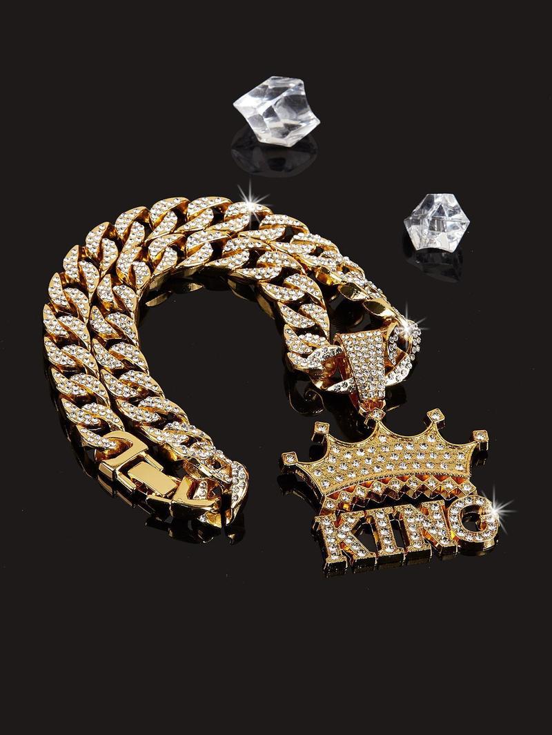 14K Gold Plated King & Crown Pendant with Austrian Rhinestones Miami Cuban Link Chain Italy & Micro Inspired Unisex Hip Hop Necklace for Men & Women Jewelry,Daily Wear, Casual Fashion, Sporty Style, Gift Idea