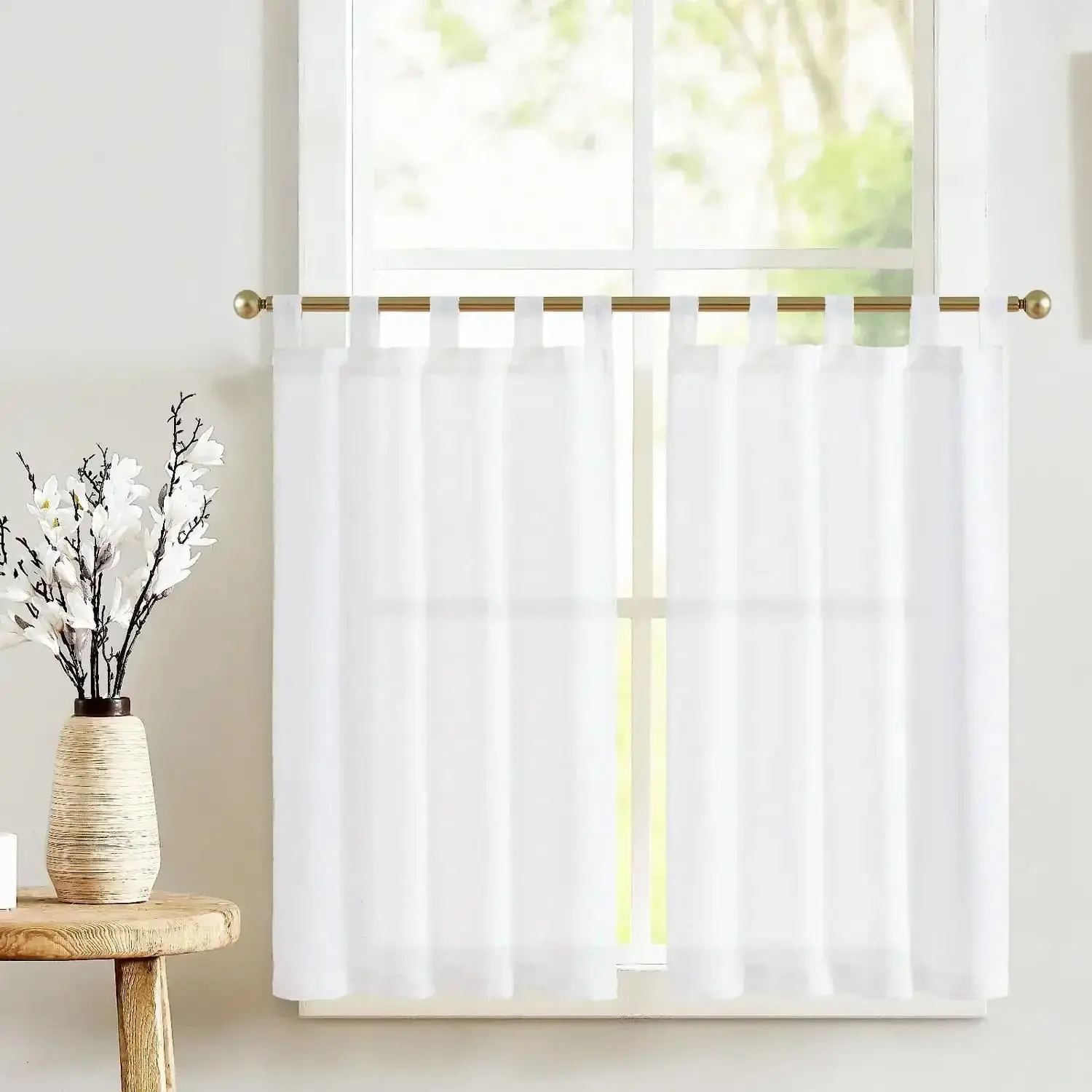 Solid Linen Tab-Top Sheer Kitchen Curtains