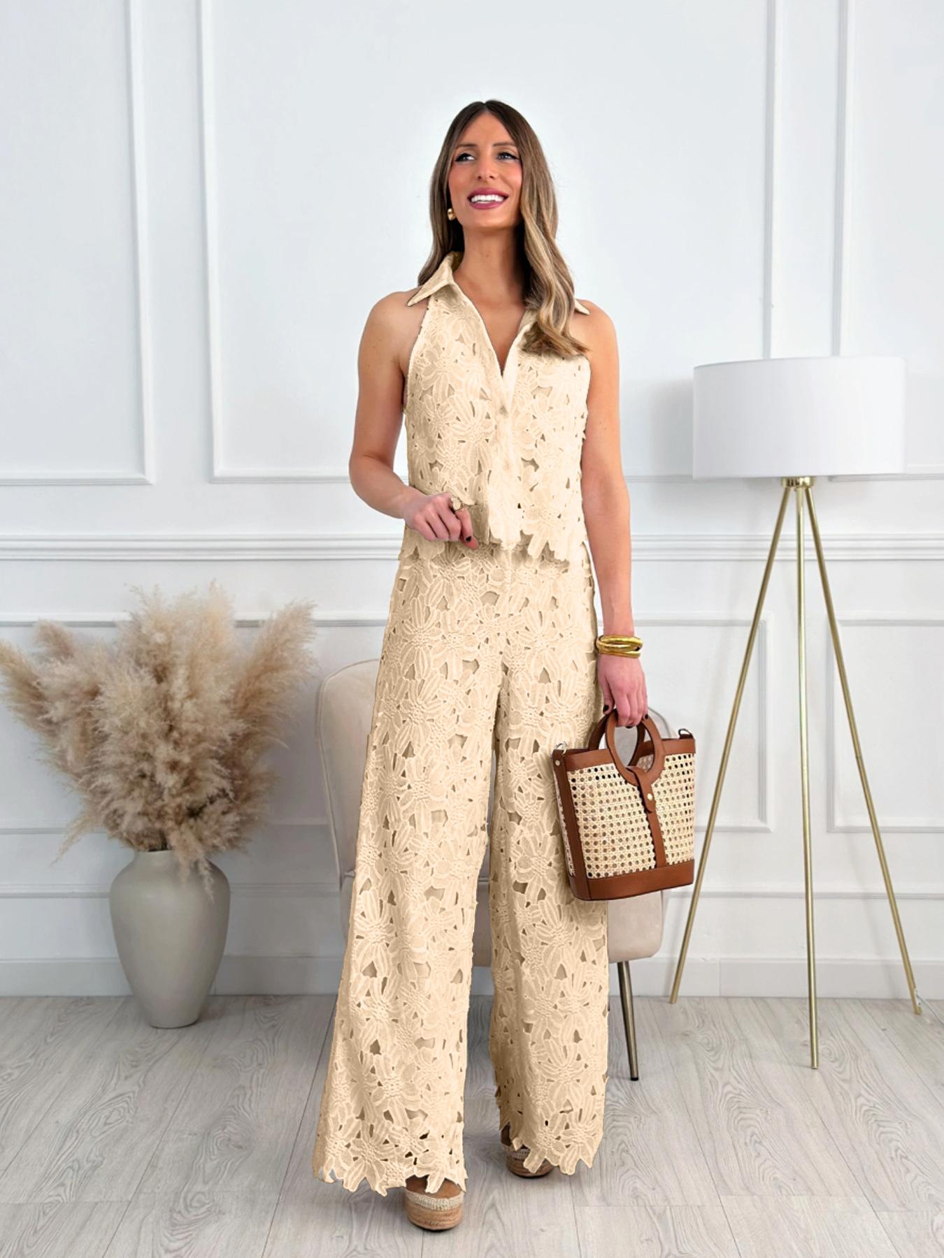 Women's 2026 New Retro Lace Outfit Set V-Neck Vest Top + Wide-Leg Straight-Cut Trousers Two-Piece Embroidery Hollow Temperament Suit for Casual & Special Occasions