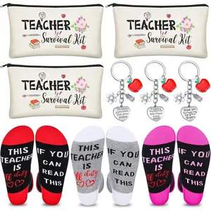 9 Pcs Teacher Appreciation Gift Set, Flower Survival Bags Funny Socks and Keychains for New Teachers, Gifts Bulk for Teachers(Flower Style)