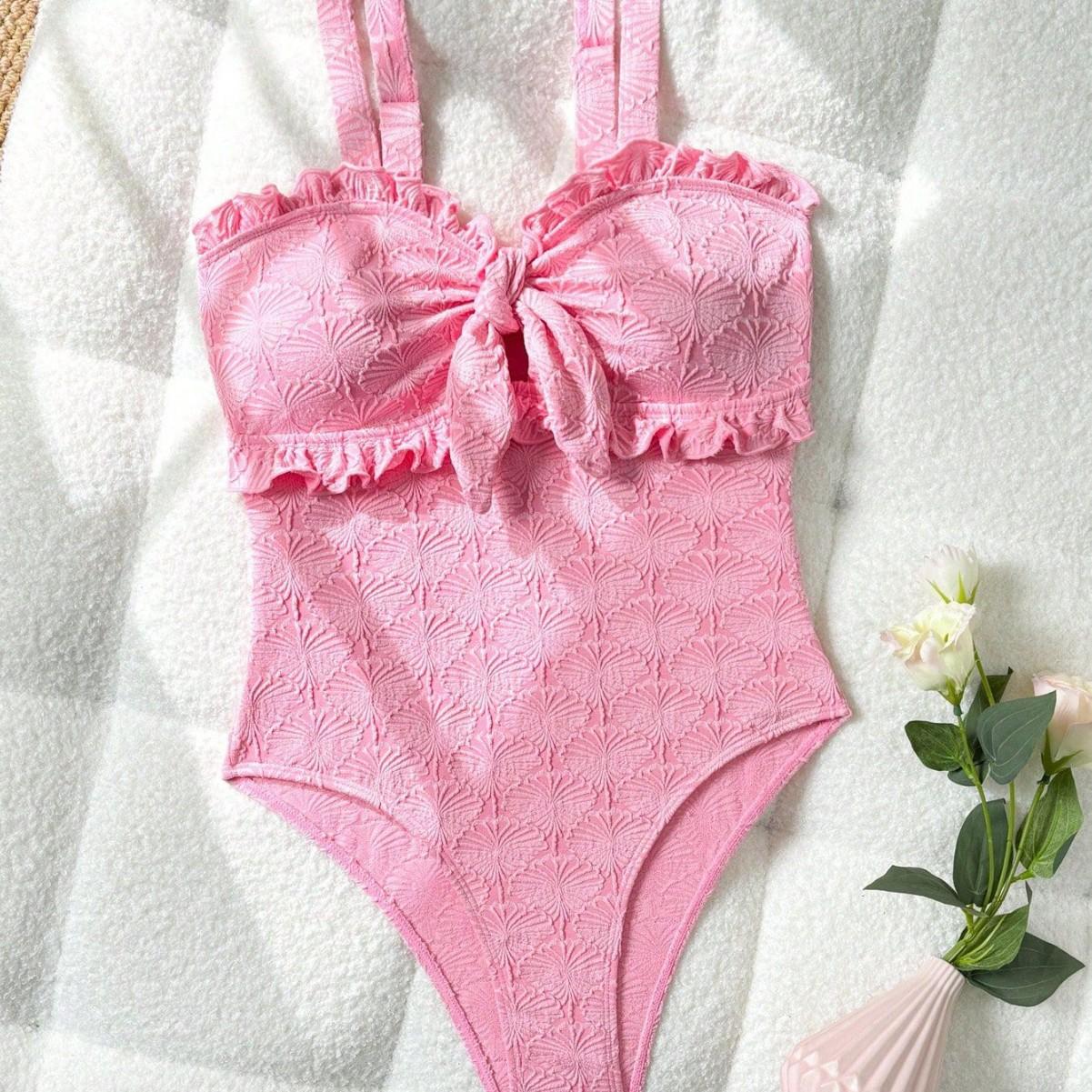 Cute & Feminine Pink One-Piece Swimsuit – Bow Tie & Ruffle Design