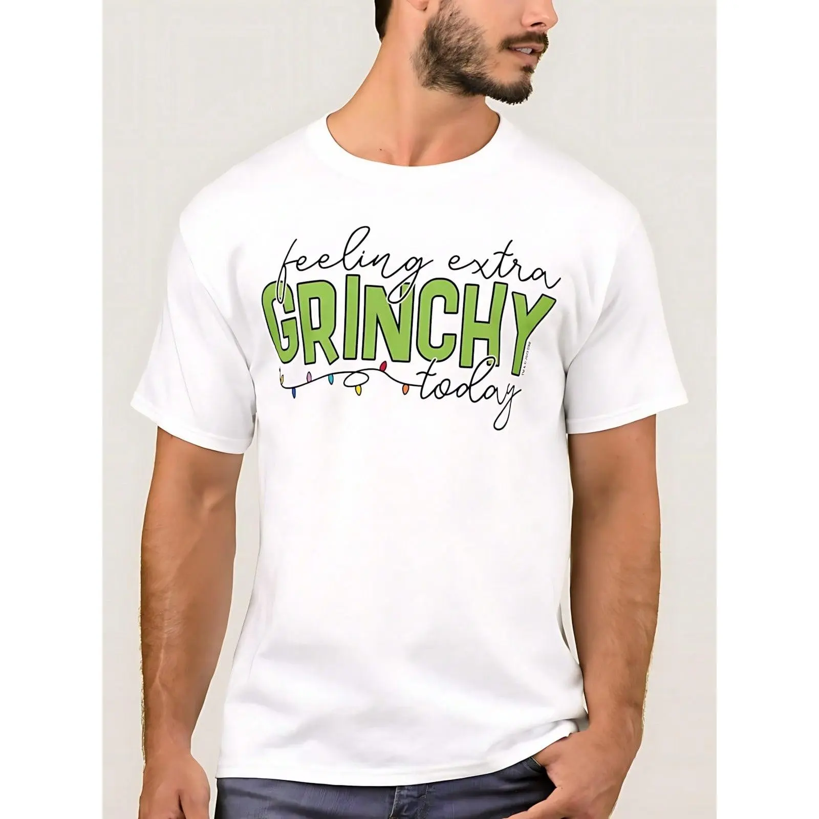 Men Feeling Extra Grinchy Today Graphic T‑Shirt, Funny Christmas Light String Letter Print Short Sleeve Tee, Humor Holiday Casual Crew Neck Top