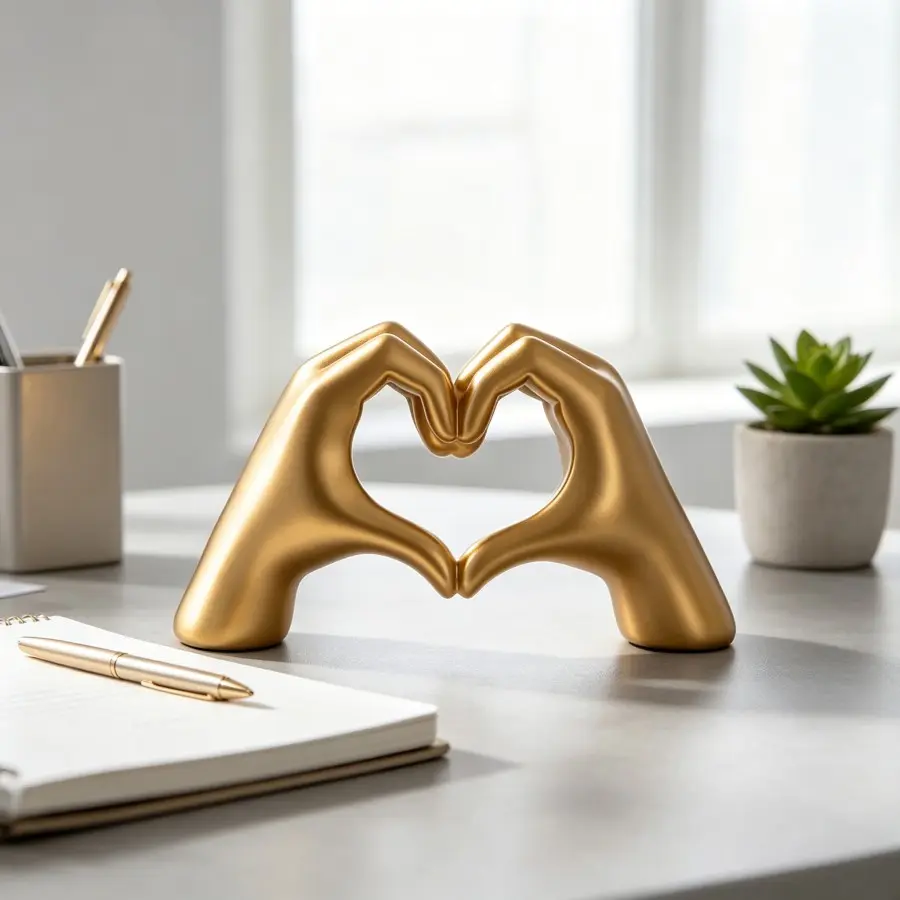 Golden Ceramic Heart Hand Sculpture Ornament, Elegant Home Decor Piece, Unique Artistic Accent for Living Room, Kitchen, Office