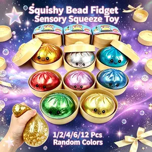 1/2/4/6/12 Pcs Glitter Dumpling Squishy Bead Fidget Sensory Squeeze Toys, Stress Relief Toys with Bamboo Steamers, Fun Gift, Random Colors