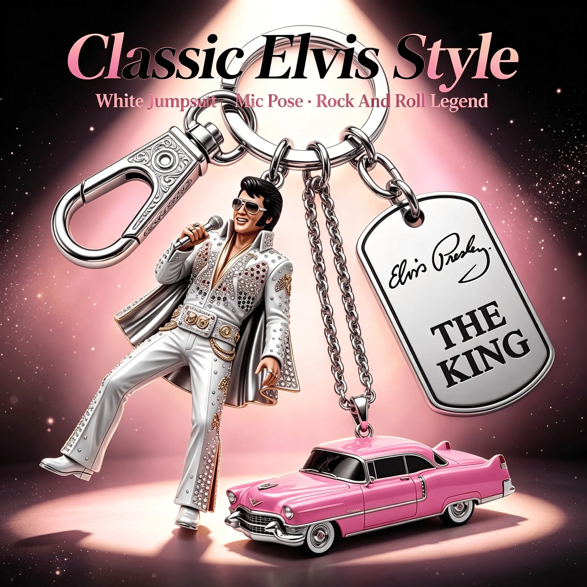 Elvis Presley King Flat Keychain, Vintage Cadillac Signature Dog Tag Pendant, Fan Collection Gift, Retro Car Accessory