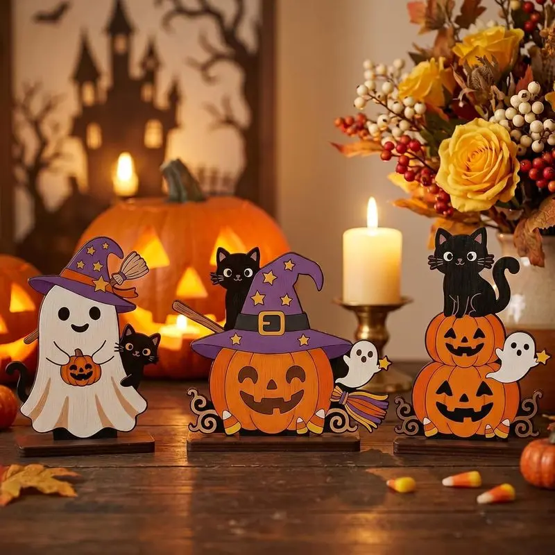3-Piece Halloween Wooden Desktop Sign Centerpiece Decorations: Cute Ghost Office & Home Table Decor, Fun Tiered Tray Ornament for Fireplace Mantel, Room Party Decor (Ghost, Pumpkin, and Black Cat)