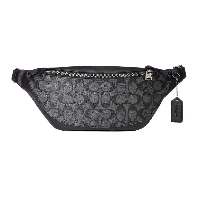 COACH Warren 33 Classic Monogram Zip-Top Crossbody Bag for Men, Full-Grain Leather, Chest or Waist Carry, Large Size, Charcoal Black