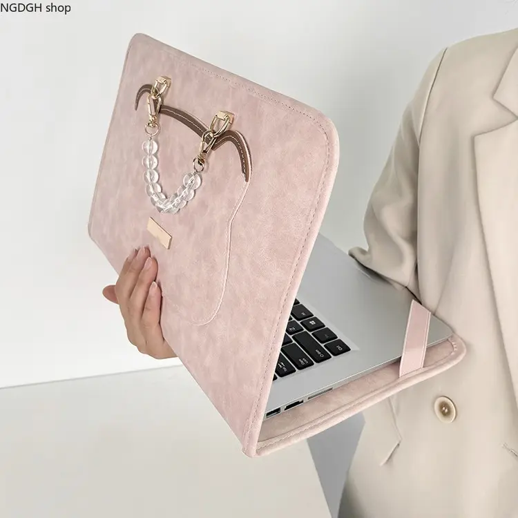 Chic Faux Suede Computer Laptop Sleeve Bag - Lightweight Protection Cover with Pearl Chain Charm Handle for Office & Travel, Sport & Outdoor On-the-Go Use, Computer Sleeve