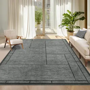 Garvee Washable Geometric 9x12 Area Rug for Living Room, Indoor Modern Patchworked Non-Slip Bedroom Nursery Rug, Low Pile, Non-Shed Minimalist Home Decor Carpet for Dining Room and Office in Dark Grey