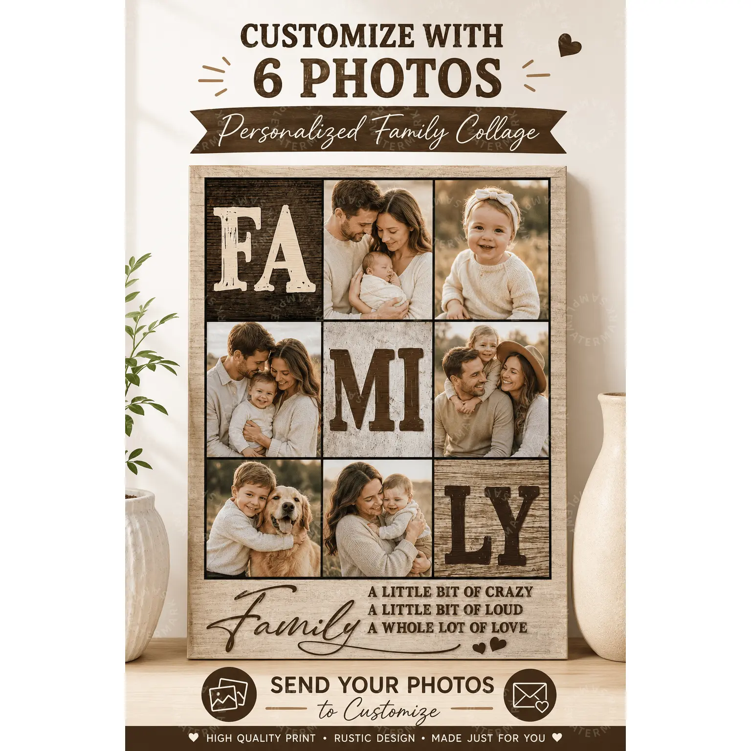 Custom Family Photo Collage Poster, Personalized 6 Photo Canvas Print, Rustic Family Wall Art, Farmhouse Bedroom Living Room Decor, Anniversary Gift, Aesthetic Poster Print