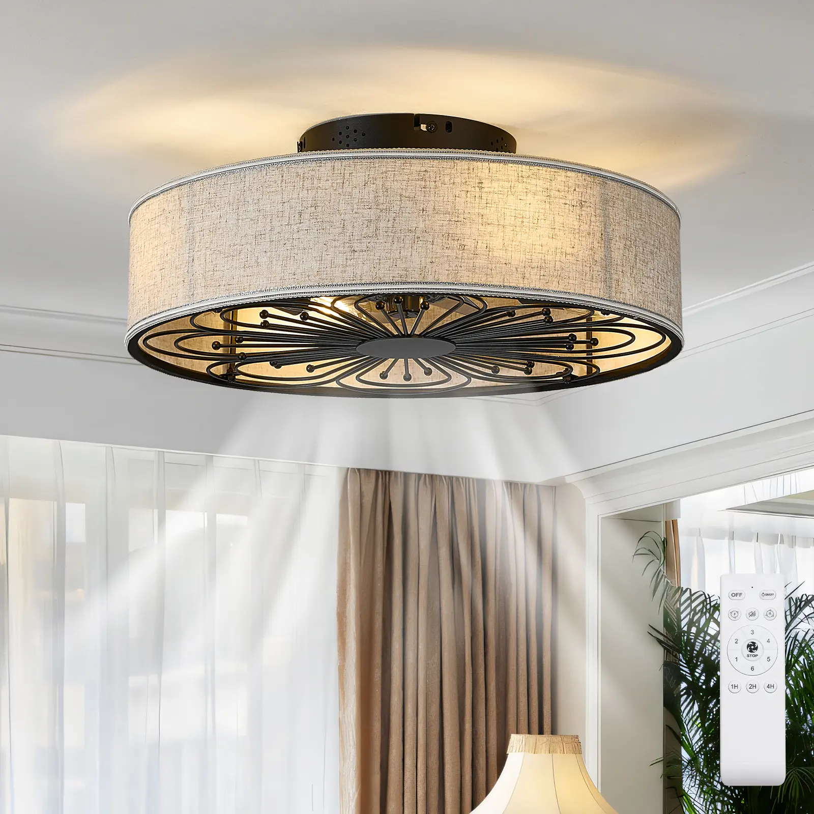 ARCH 20 Inch Caged Ceiling Fan with Light and Remote, Low Profile Flush Mount Farmhouse Ceiling Fan for Bedroom, 6 Speeds Reversible Silent Motor, Black Iron Ceiling Fan with Light Kit, Bulb Not Included, Black Color Options, Iron Material