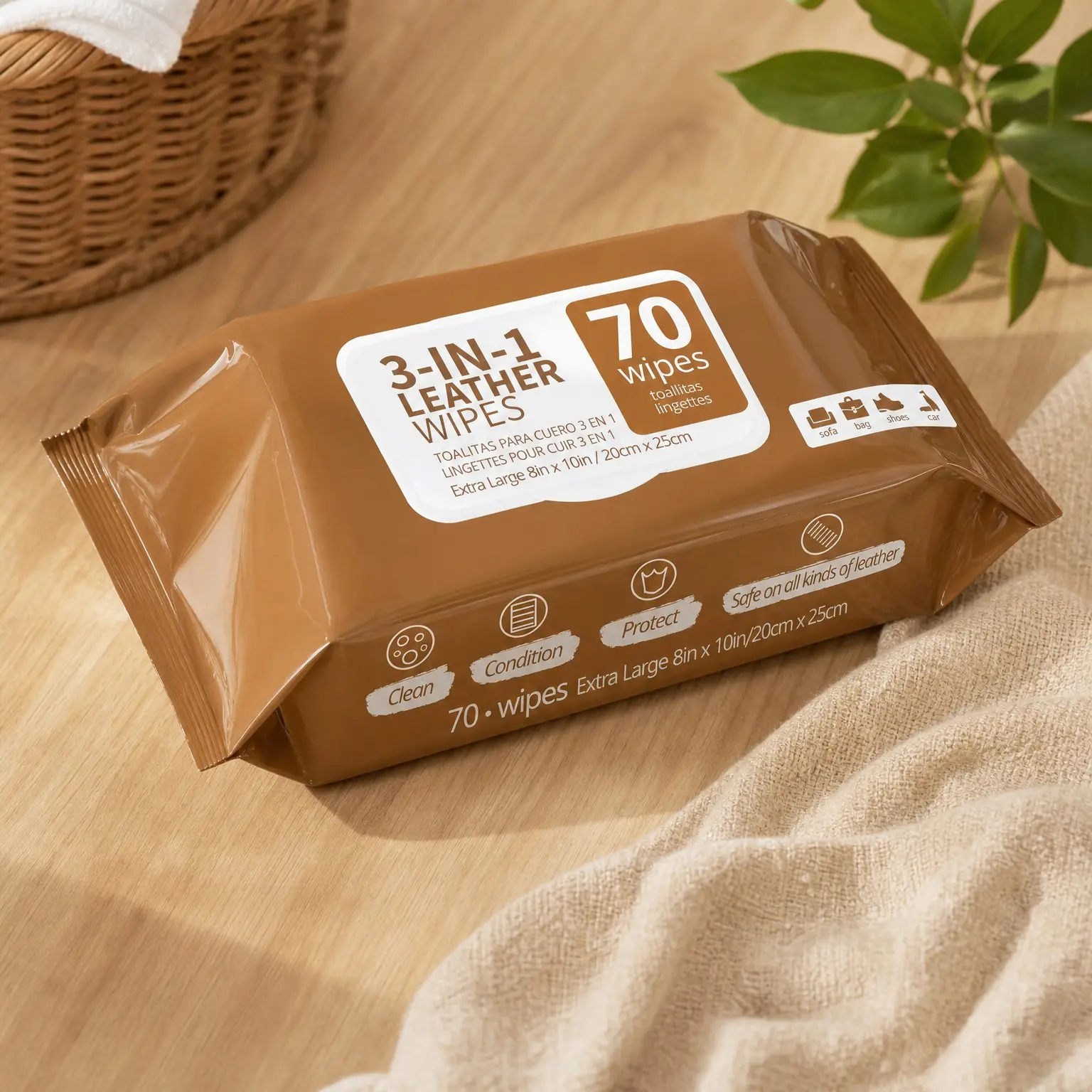 3-in-1 Leather Cleaner Wipes, 70 Count, Extra Large 8" x 10" – Cleans, Conditions & Protects Leather Furniture, Car Seats, Purses, Shoes, Couches, Bags, Jackets & Vinyl