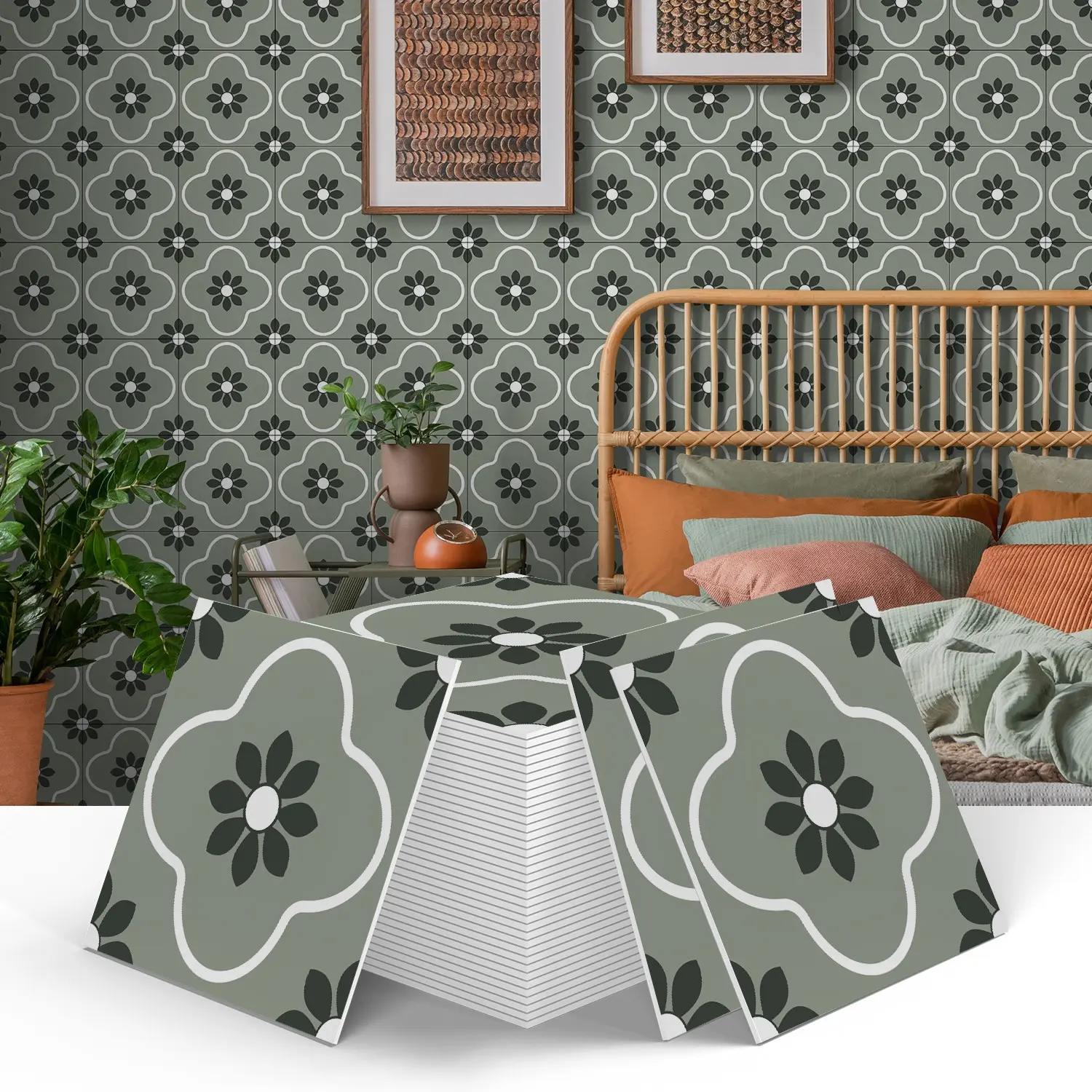 12PCS/24PCS Box ART PE Crystal Tile Stickers, Sage‑Green Base Retro 4‑Leaf Floral Square Self‑Adhesive Tile Decals, Peel and Stick Backsplash, DIY Waterproof Oil‑Proof Wall Stickers for Kitchen, Bathroom, Floors, Tile & Wood Surfaces Home Decor