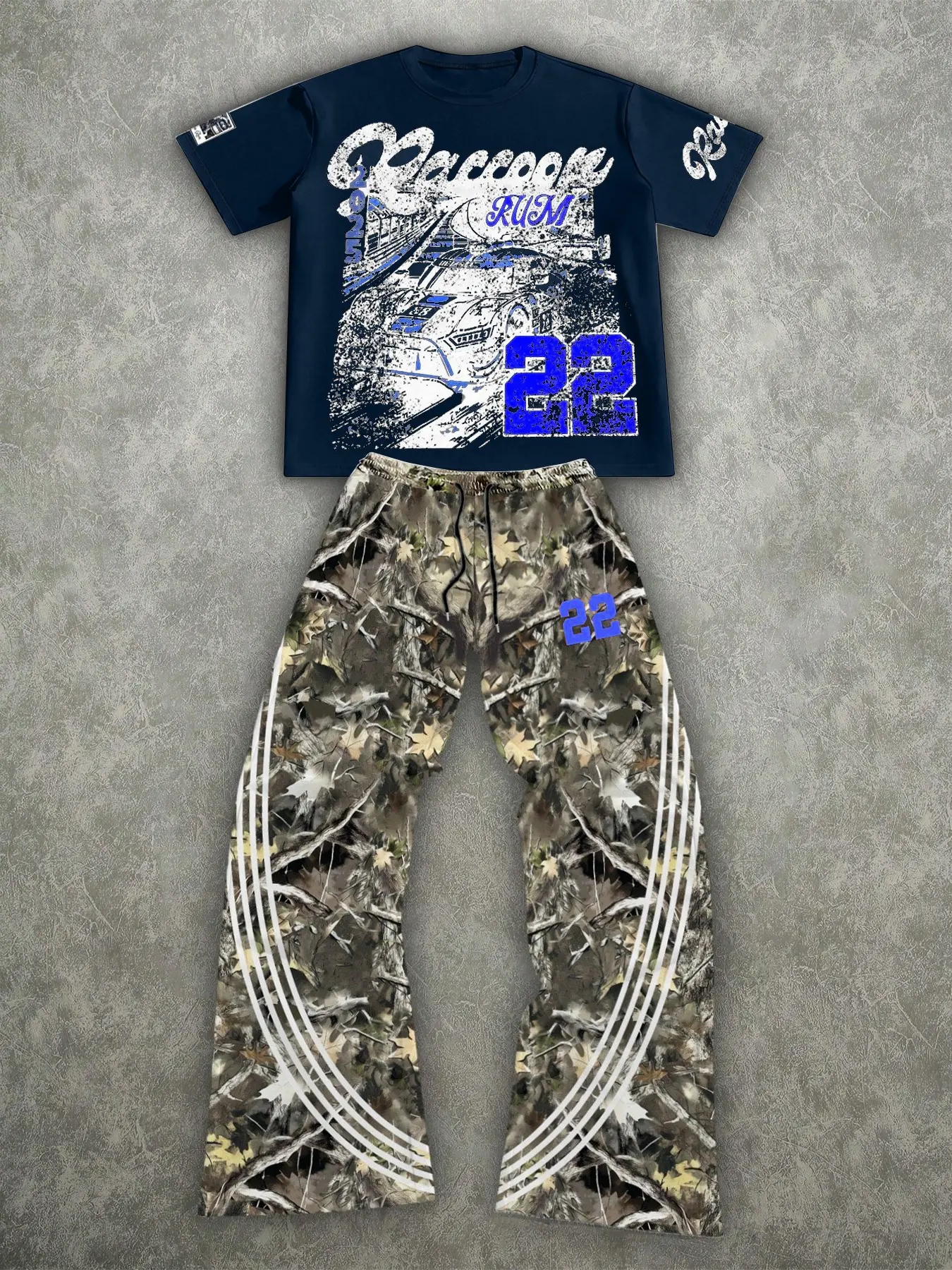 Men's Racing Number 22 Print T-Shirt & Drawstring Pants 2 Piece Set | Loose Casual Round Neck Short Sleeve Tee & Striped Pants | Summer Street Racing Outfit for Men