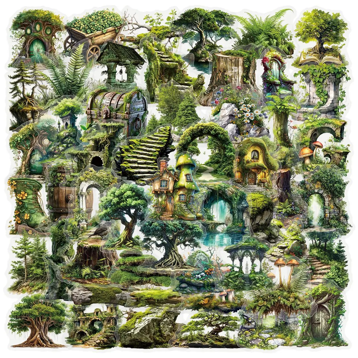 50Pcs Fairy Forest House Transparent PET Aesthetic Stickers, Decoration Sticker, Planner Accessories and Office Products Decor for Junk Journal, Notebook, Laptop, Scrapbook, Water Bottle, Luggage