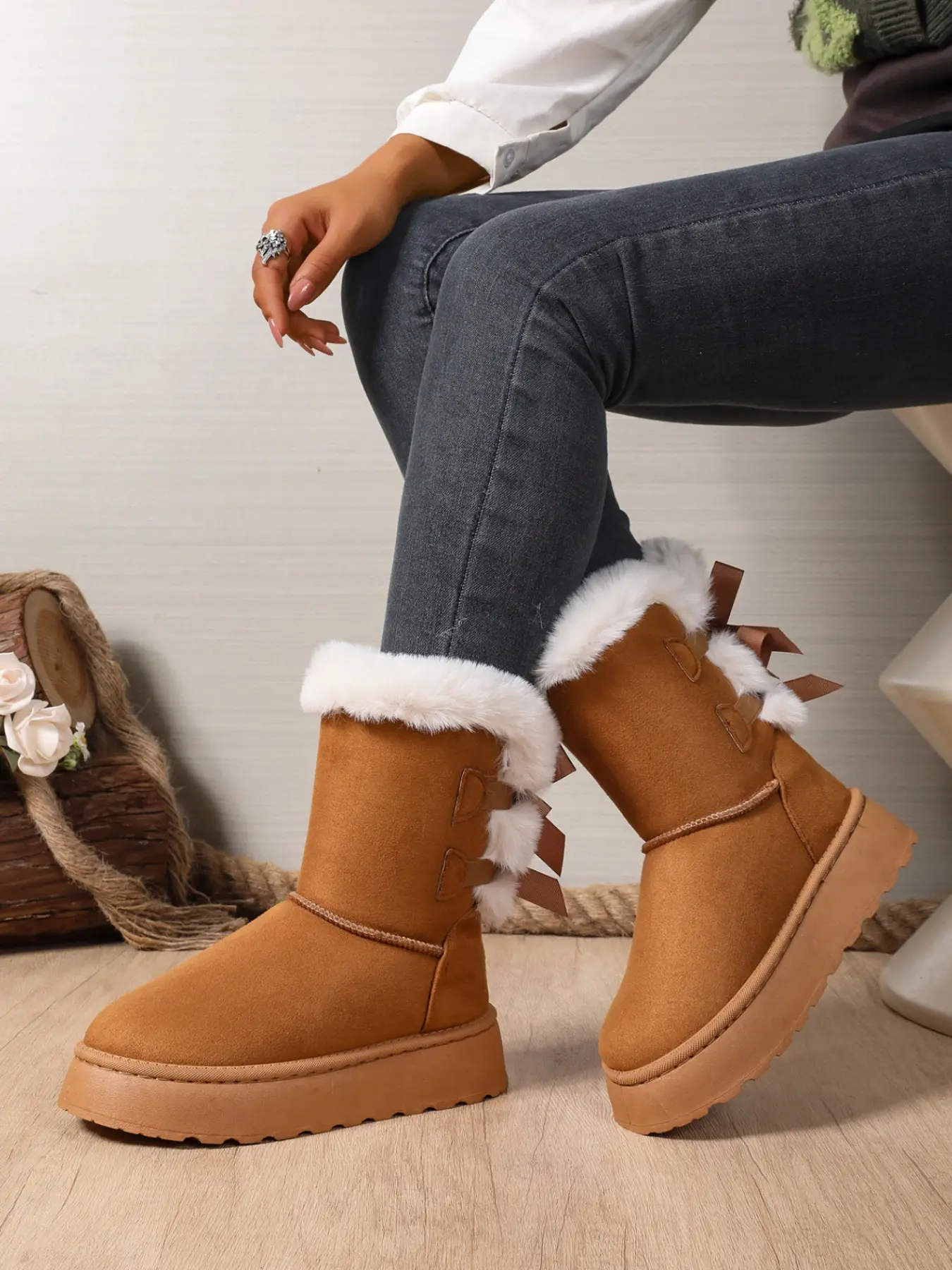 Women Faux Suede Snow Boots, Bow Decor Furry Fleece Lined Mid-Calf Boots, Thick Platform Warm Winter Shoes, Fashionable Textile Upper