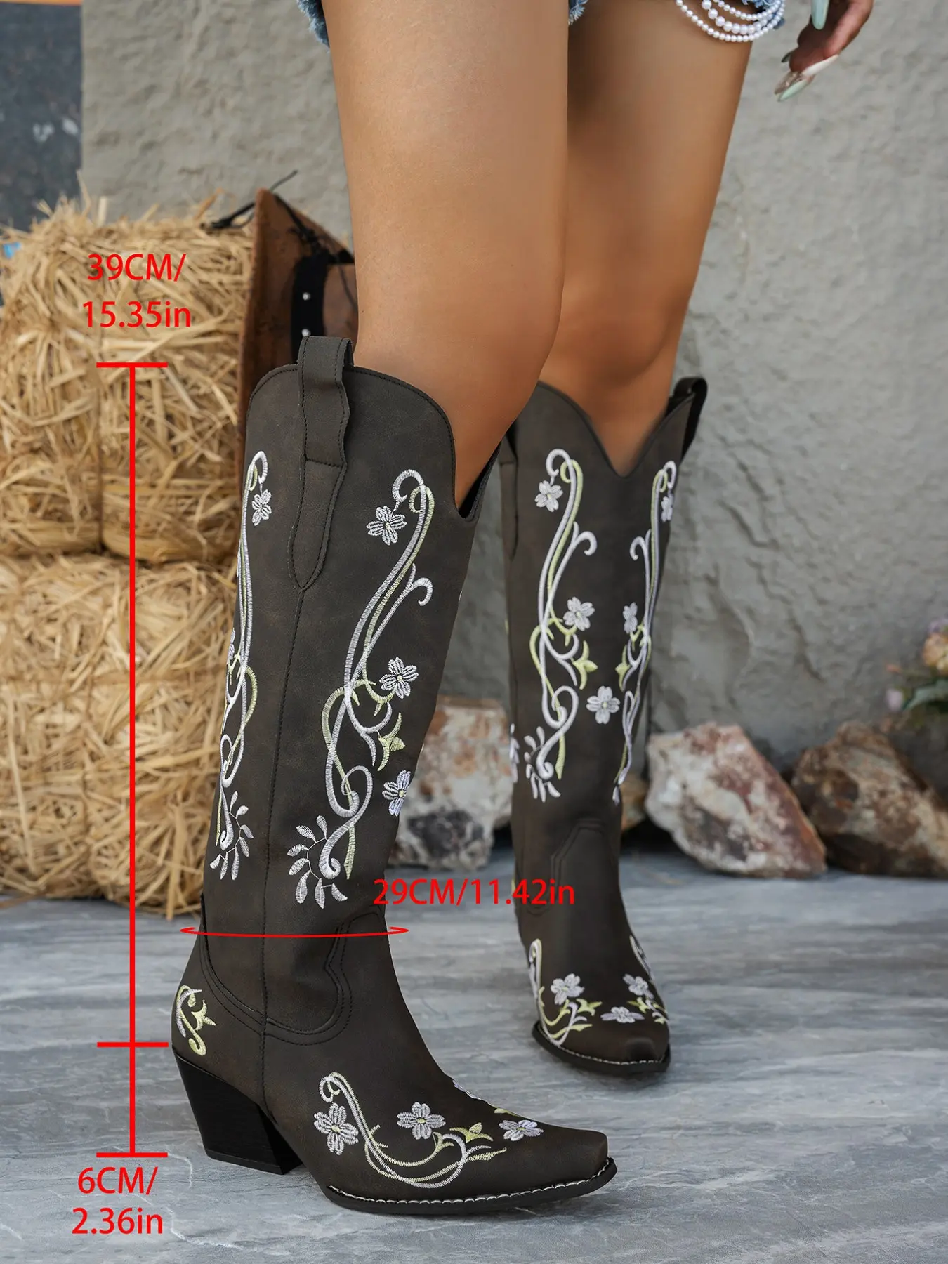 Women's Floral Embroidered Western Cowboy Knee-High Boots, Pointed Toe Slip-On Wood Grain Heel, Vintage Distressed Suede, Country Music Festival Wear