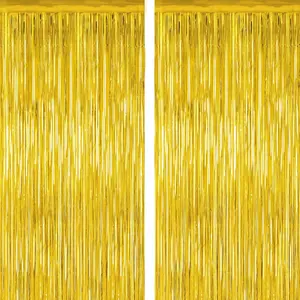2 Pack Gold Tinsel Backdrop, 3.28 FT x 7.05 FT Metallic Fringe Curtain, Gold Color Graduation Backdrop Party Streamers, Party Supplies Door Decorations for Birthday Anniversaries