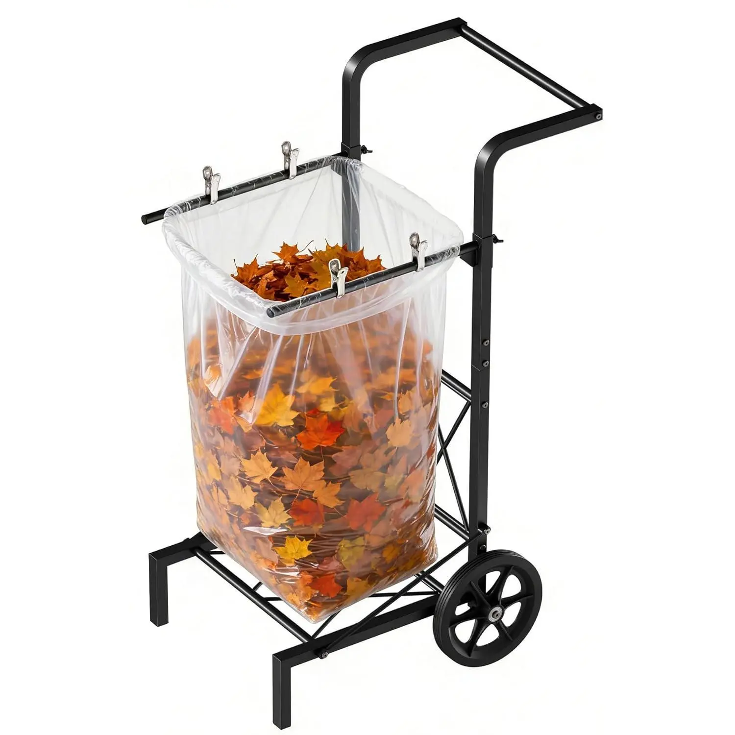 Garden Trash Bag Holder Cart with Wheels, Adjustable Metal Leaf Bag Holder from 30-45 Gallon Capacity, Heavy Duty Outdoor Mobile Garbage Lawn Bags Cart Stand for Yard Gardening Camping, Black