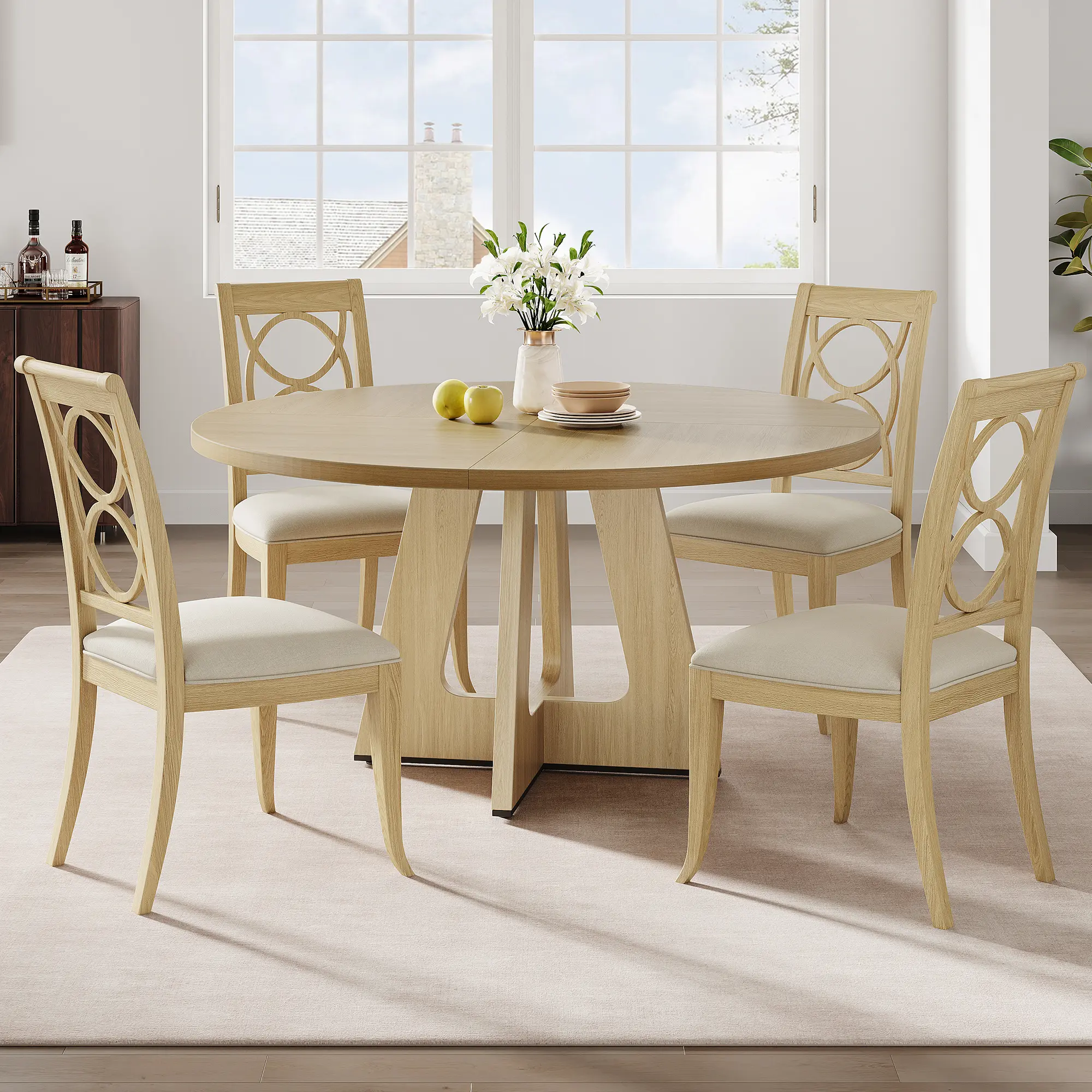 47 In Round Dining Table for 4-6 People,  Dining Room Table with Wooden Pedestal Base, Black Dinner Tables , Circle Kitchen Tables for Dining Room, Kitchen, Living Room(Table Only)