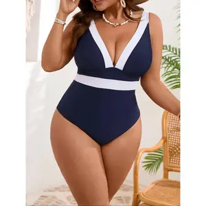 Women's Busty-Friendly Plus-Size Nautical Swimsuit - Navy White, Tummy Control, Removable Supportive Cups, Adjustable Straps, Polyester Quick-Drying Fabric, Curve-Hugging, Full Coverage Bottom, for 2026 Spring Break Water Activities