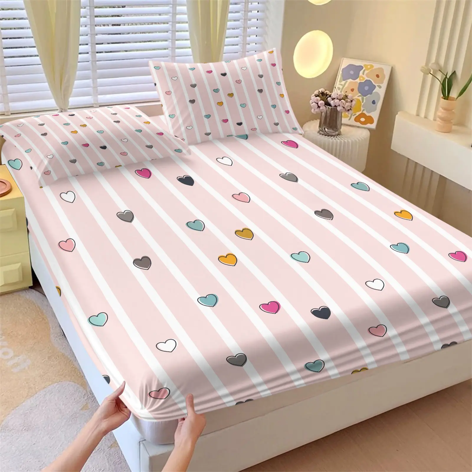3Pcs Girly Sweet Print Fitted Sheet Set, Geometric Stripe Heart Bedding Set, 1 Fitted Sheet & 2 Pillowcases, No Filling, Soft Deep Pocket, Coquette Style Bed Sheets Set for Girls Teens Couple Bedroom Decor, Striped Sheets, Bedsheet Set, Bed Linens