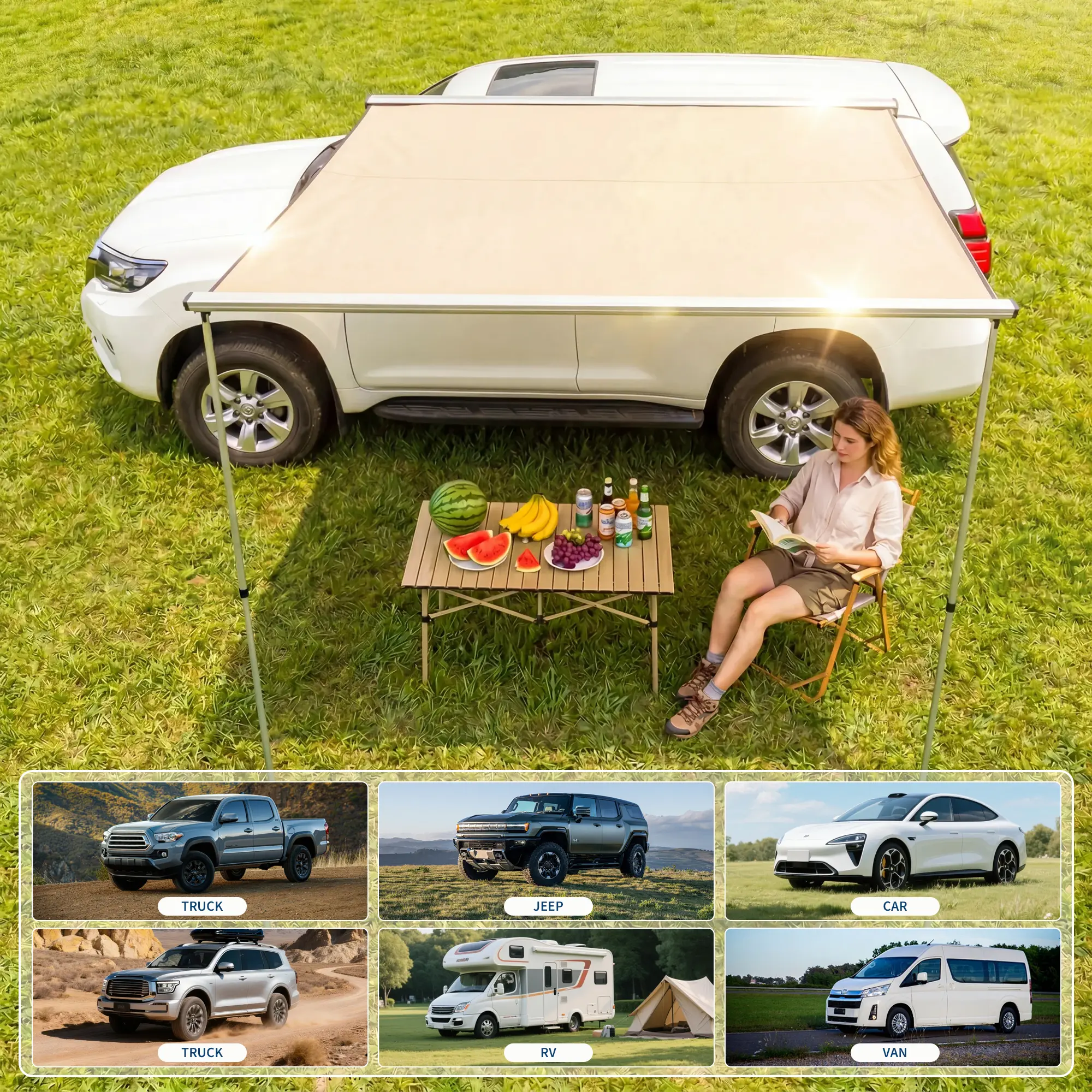SUV & Truck Roof Rack Awning - Retractable Side Sun Shade, UV50+ 600D Oxford Waterproof Canopy, Adjustable Aluminum Poles, Outdoor Car Shelter with Storage Bag, 150x200cm, Gray