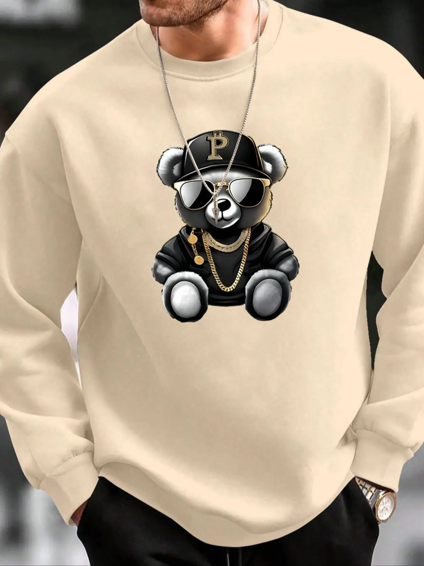 Men's Casual Crew Neck Sweatshirt Cool Hip Hop Rich Bear With Sunglasses Cap Gold Chain Print Pullover Loose Oversized Street Fashion Long Sleeve Sweatshirts For Daily Wear