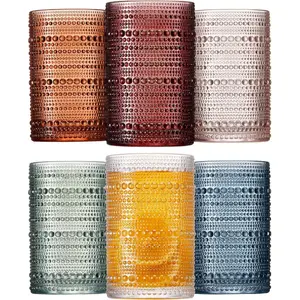 Colored Hobnail Drinking Glasses Set of 6, 12oz Vintage Kitchen Glassware, Embossed Beaded Glass Cups, Water Glasses, Beaded Colorful Water Tumbler for Cocktail, Juice and Various Mixed Drinks