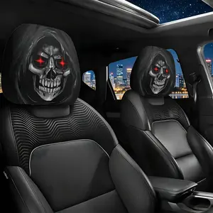Gothic skull hooded car headrest cover with sparkling red eyes, creating an avant-garde interior with 2