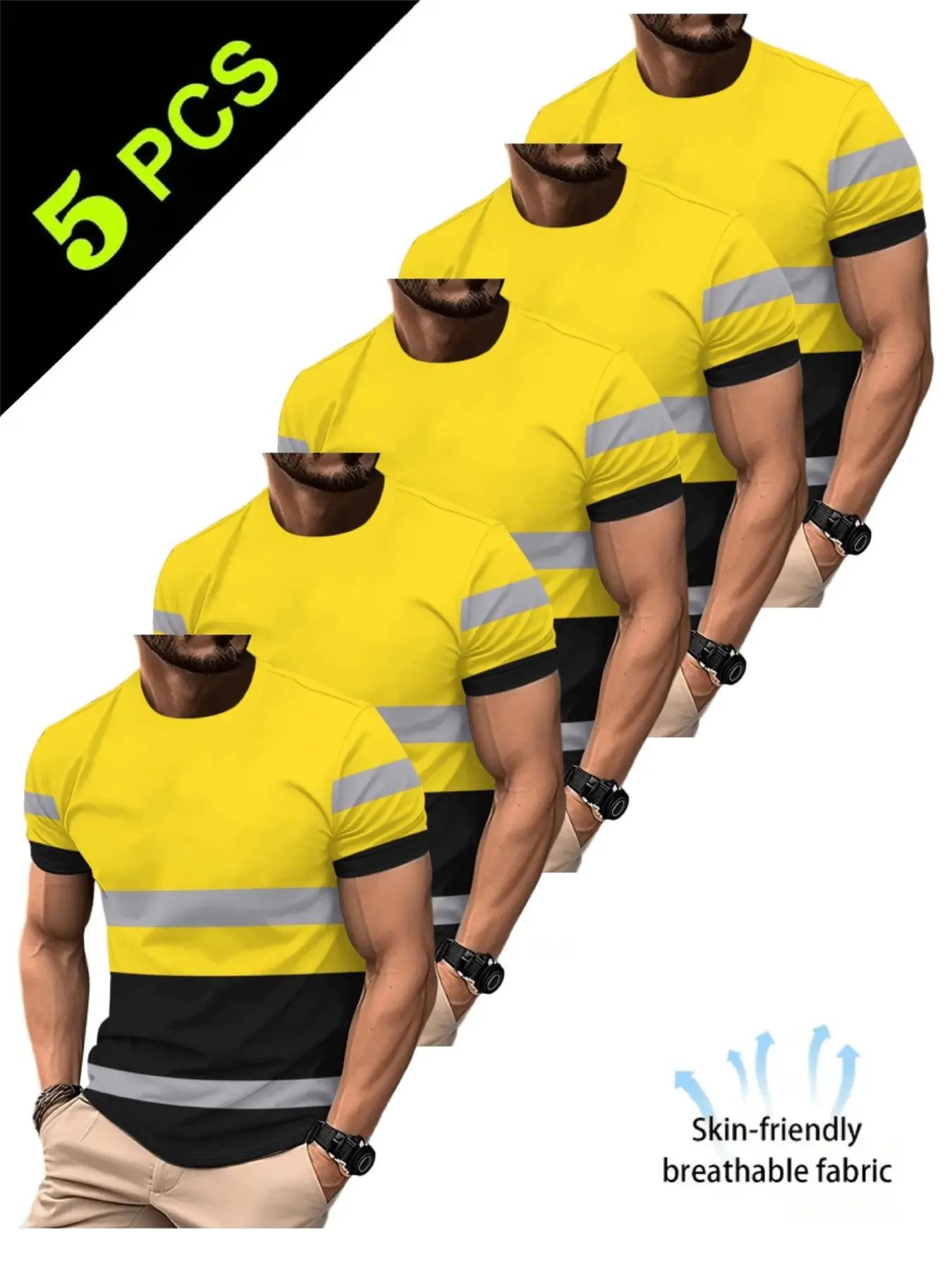 Five-Pack Fluorescent Men's Workwear Short Sleeve T-Shirt, Round Neck, Breathable Fabric, Fitted, Casual Style, Multi-Scene Use