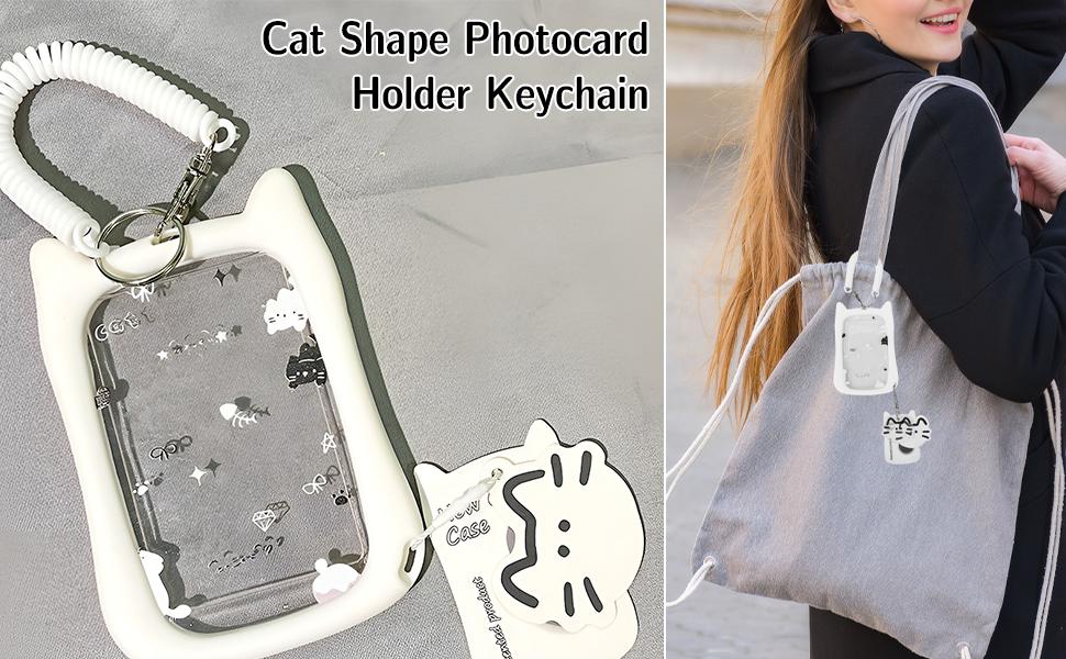 Cat-shaped photo card holder and keychain—Adorable transparent photo card holder and keychain with a pendant, suitable for protecting public transport cards, student cards, and photos.