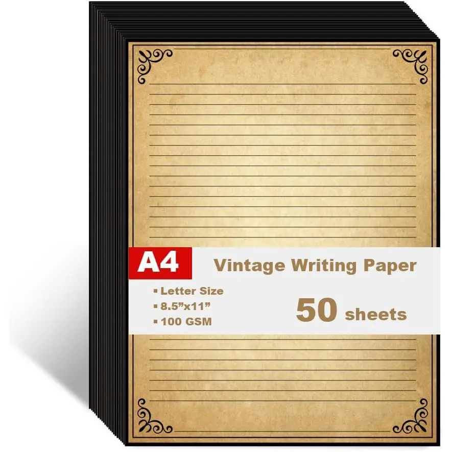 Lined Paper with Antique Border Design, 50 Sheets, Stationary Paper for Writing Letters, 100gsm, 11 x 8.5'', Aged Stationery for Writing Letters, Invitations, Stationery Writing Papers