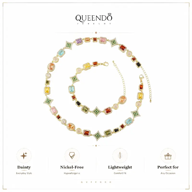 QUEENDO vintage copper inlaid with colored diamonds square bracelet and necklace, elegant and light luxury geometric design