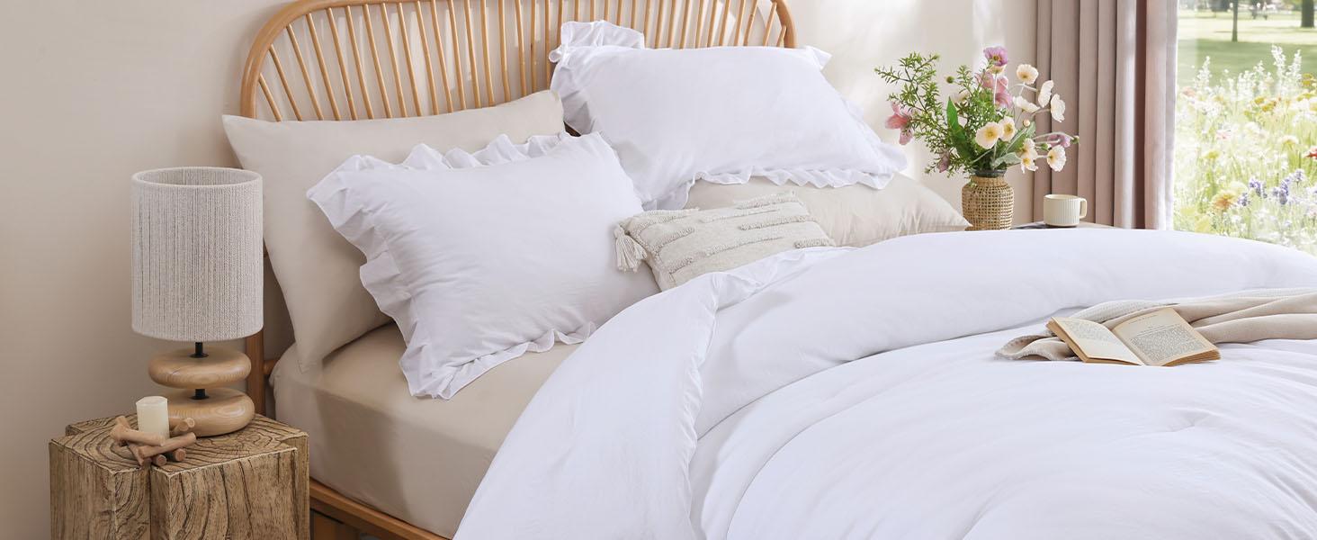 Twin Comforter Set White Comforter Ruffled Comforter Set Soft Twin Size Bed Set Vintage Farmhouse Bed Comforter Set Bedding with 1 Pillowcase