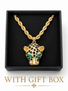 Leopard Head Pendant Necklace with Gift Box, Eye Animal Design, Unisex Fashion Jewelry, 40-45cm Stainless Steel Chain