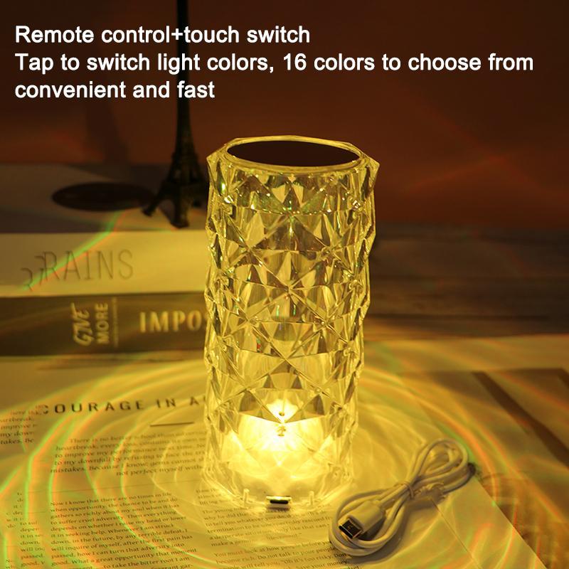 Can Switch 16 Colors Artificial Crystal Table Lamp RGB Color Changing Rose Diamond Design with Remote Control USB Charging Touch Sensor Ambient Lighting