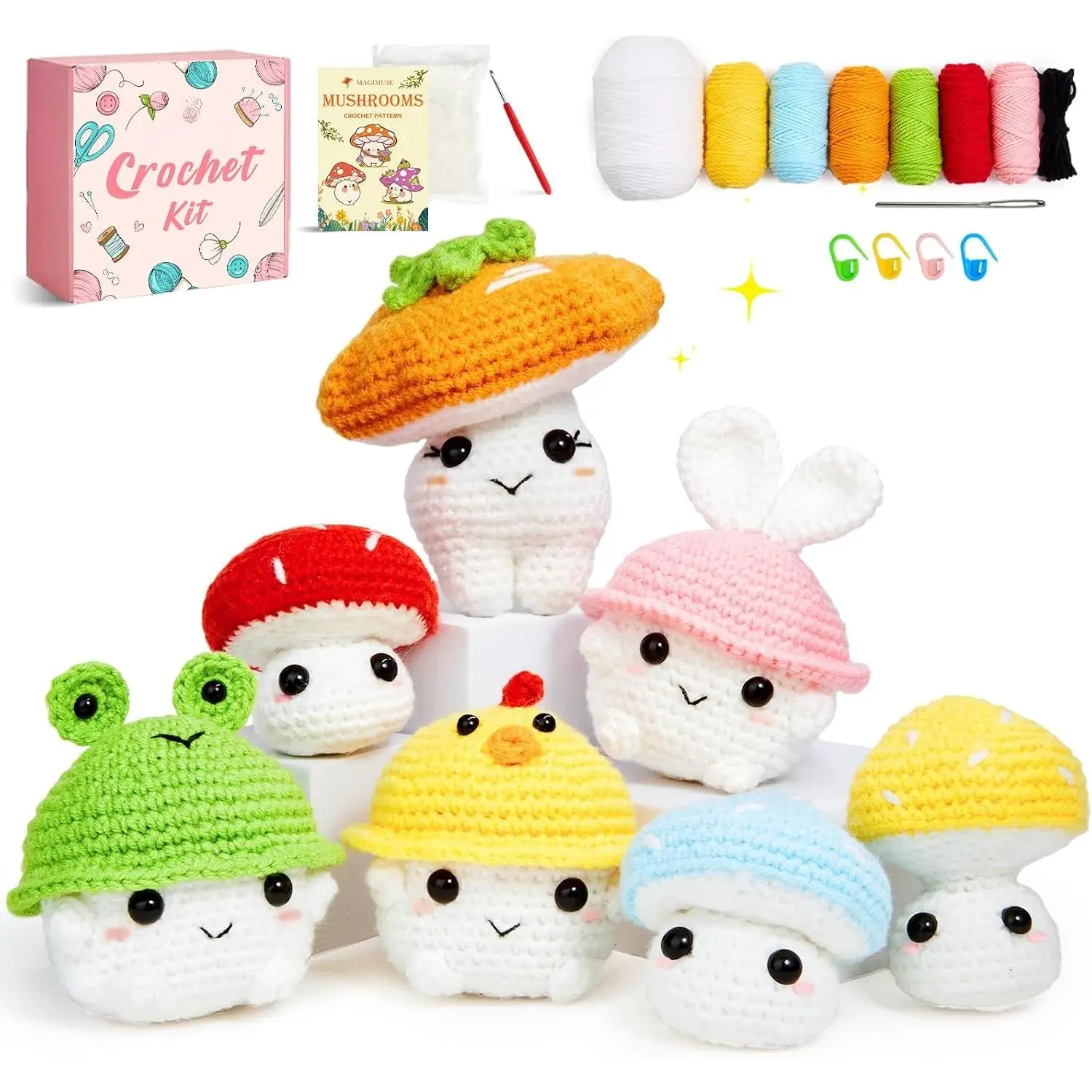 Crochet Kit for Beginners, Mushroom Family Crochet Craft Kit | Step-by-Step Video Tutorials Included. Beginner-Friendly Amigurumi Project with 40%  Yarn.