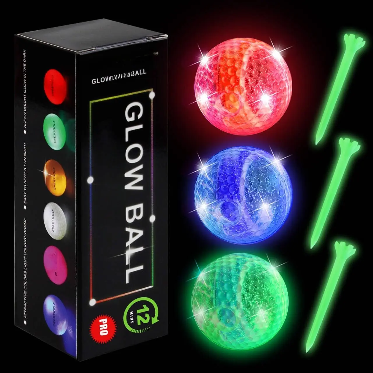 Glow in The Dark Golf Balls with Glow Tees, Super Bright Light Up LED Balls with 12-Minute Reset Timer, Fun  for Men and Women, Backyard Putting Greens