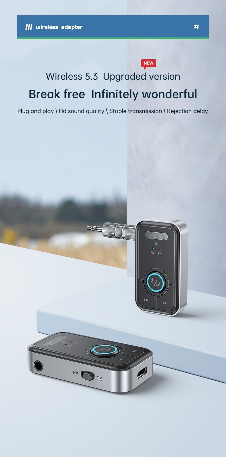 Bluetooth 5.3 Audio Adapter for Car , aux bluetooth，Music Streaming,Wireless Audio Receiver for Hands-Free Calling & Compact Fast Charging Long Standby