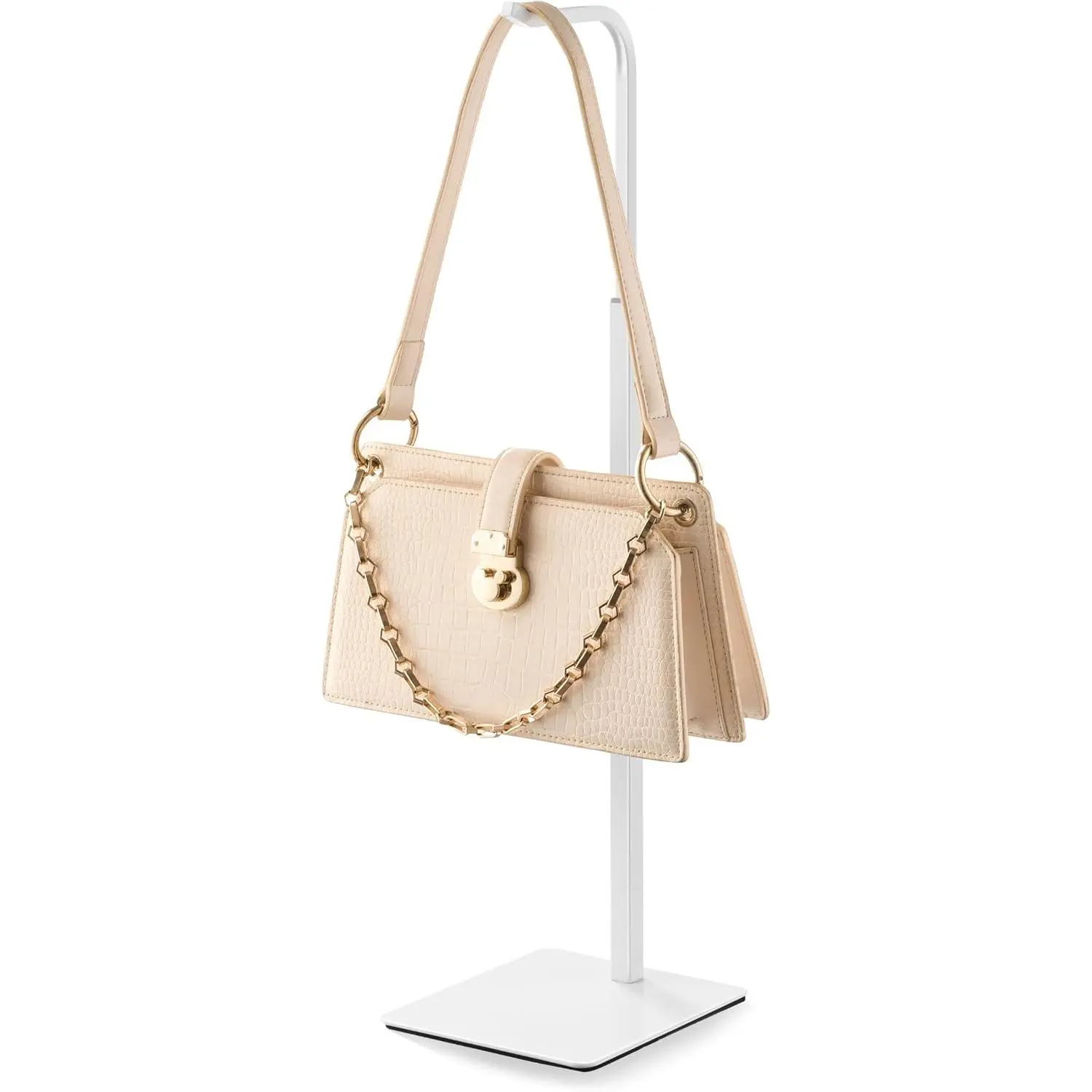 Adjustable Table Banner Stands & Purse Holders, White | Tabletop holder displays handbags, wreaths and banners in closets, retail stores and vendor booths.