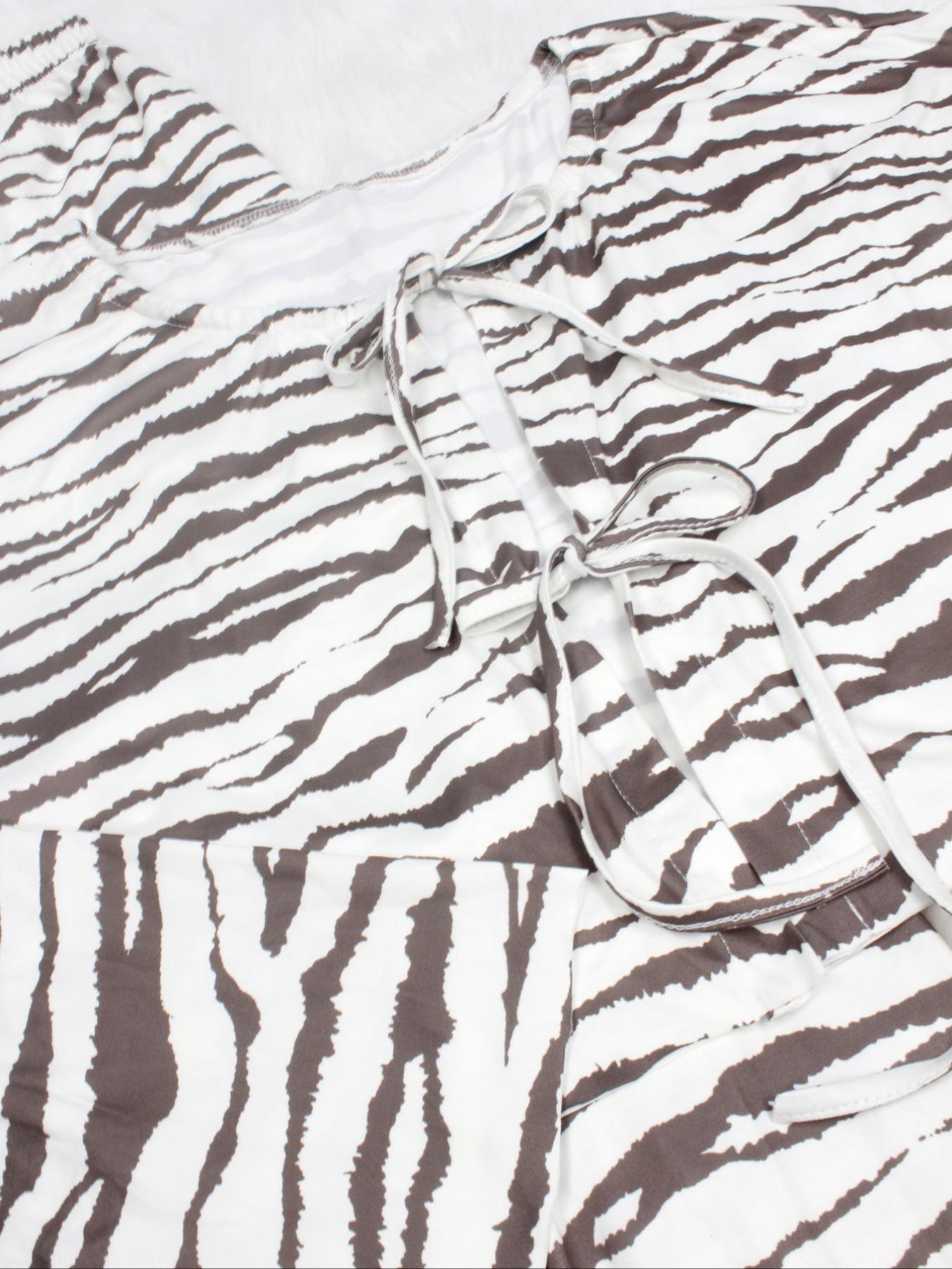 Two-Piece Set Women's Zebra Stripe Print Tie Front Crop Top & Elastic Waist Wide Leg Pants Pyjama, Casual Comfy Drop Shoulder Long Sleeve Top & Trousers PJ Set, Women's Sleepwear for Fall