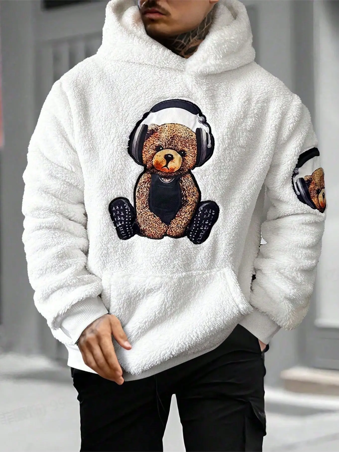 Men's Teddy Fleece Hoodie, Bear Patch Print, Kangaroo Pocket, Loose Fit, Warm Pullover, Streetwear Casual Fall Winter Fashion