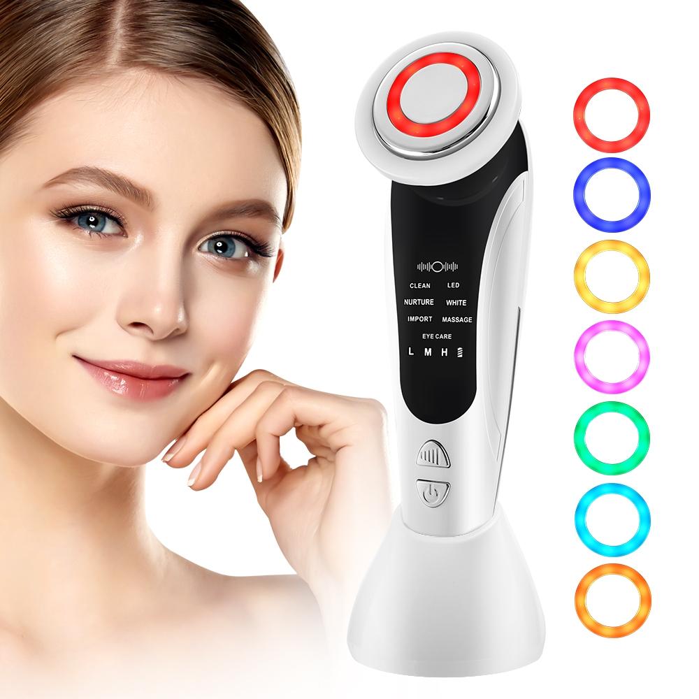 7-in-1 Facial Beauty Device Multi-Color LED Lights Vibration Heating EMS 3 Intensity Levels Portable Facial Beauty Instrument Facial Beauty Machine