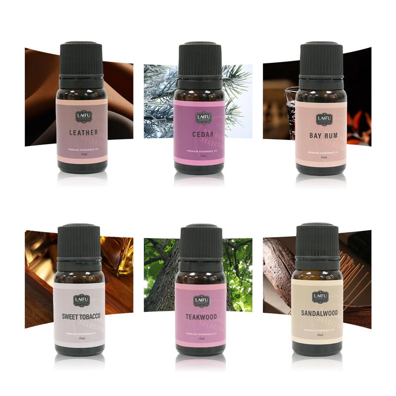 6x10ml Essential Oils for Diffusers & Candles - Cedar, Sandalwood, Bay Rum, Teak, Leather Scents