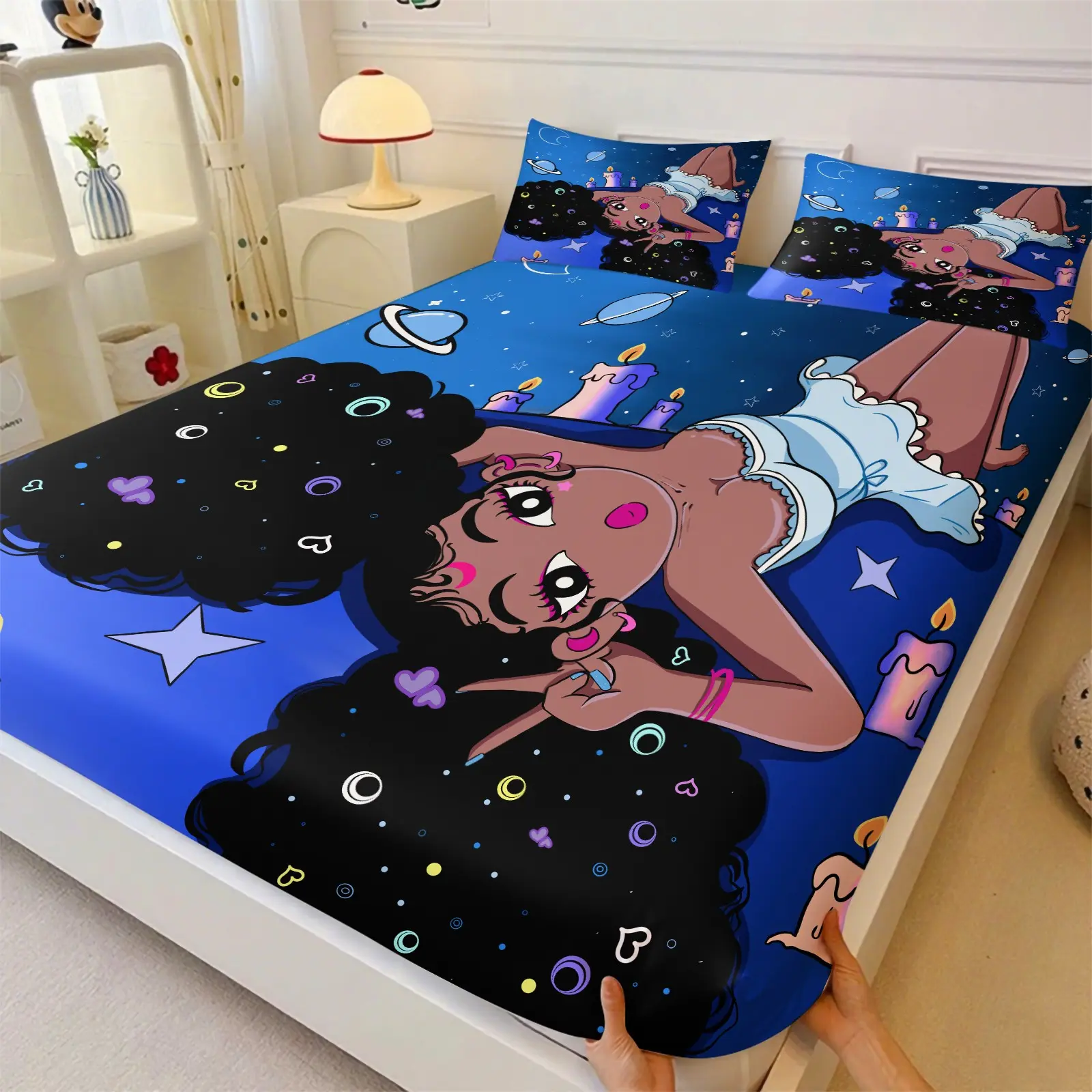 3 Piece Dark Blue Starry Space Afro Girl Fitted Sheet Set, 1 Fitted Sheet & 2 Coreless Pillowcases, Planet Heart Candle Print, Soft Deep Pocket All-Season Microfiber Bedding, Perfect Dreamy Bedroom Gift For Young Girls