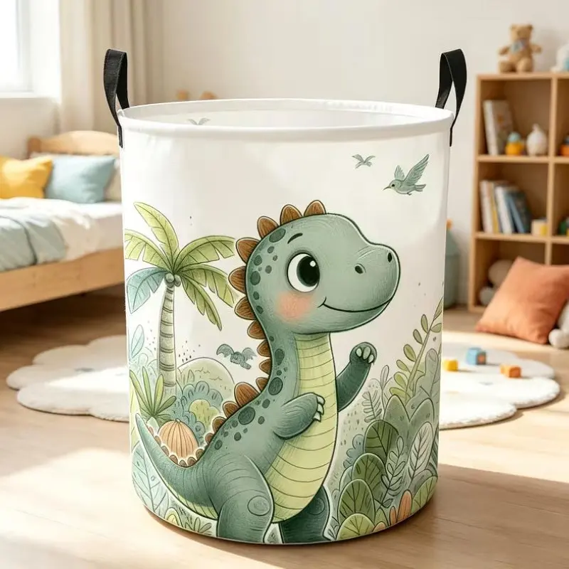1pc, Round Laundry Basket, Cute Cartoon Dinosaur Pattern, Foldable Basket for Easy Storage, Spacious Capacity, Durable Polyester Material, Dormitory And Laundry Room Storage, Multifunctional Storage Solution, Laundry Basket, Laundry Baskets